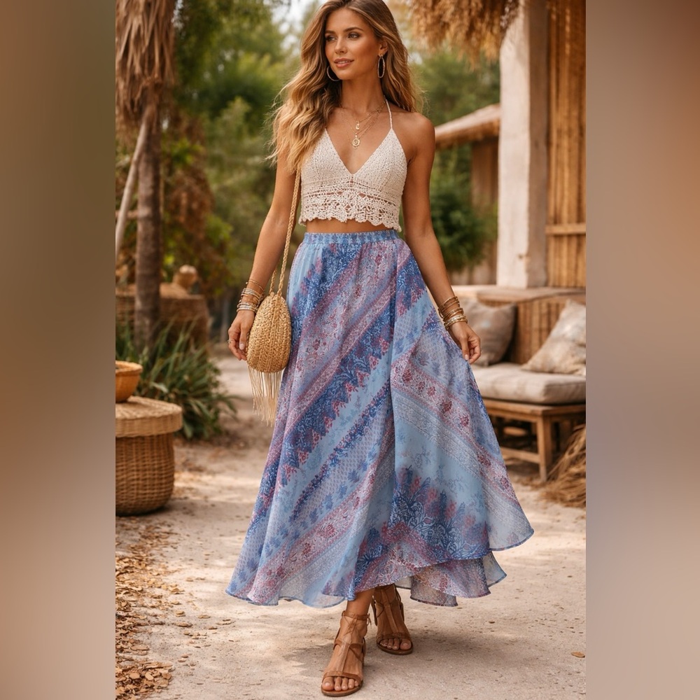 Carole Little Vintage Boho Blue Printed Maxi Skirt